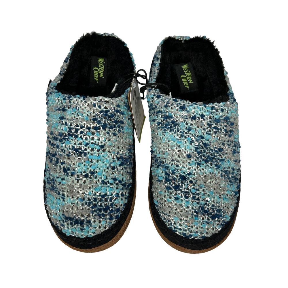 Western Chief Evelyn Women's Knit Slippers - Blue Grey Fuzzy Lining - Size 6 NWT